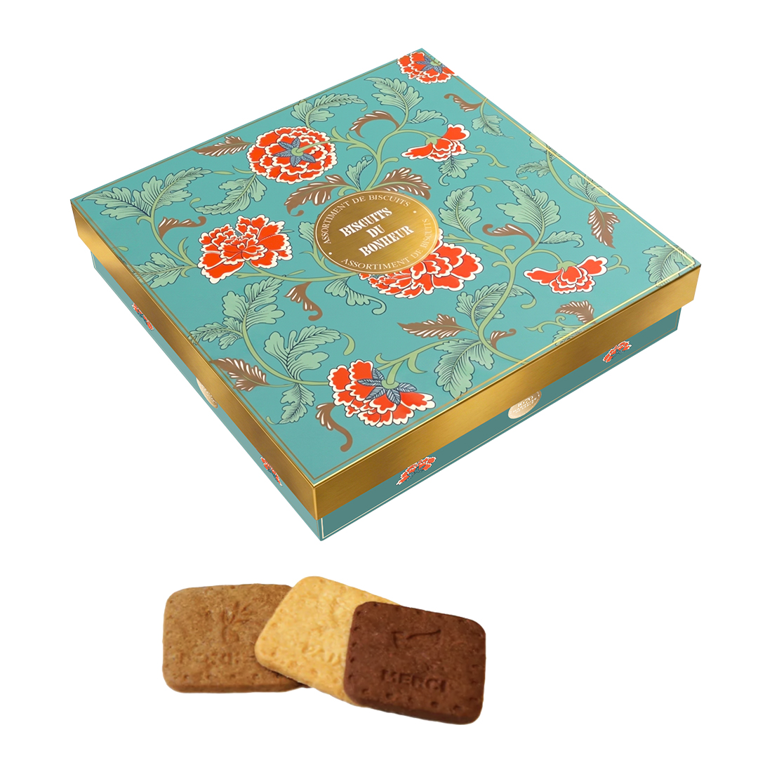Biscuits sablés spéculoos, nature pur beurre et tout chocolat - Boîte métal "Assortiment Biscuits du bonheur" - 295g