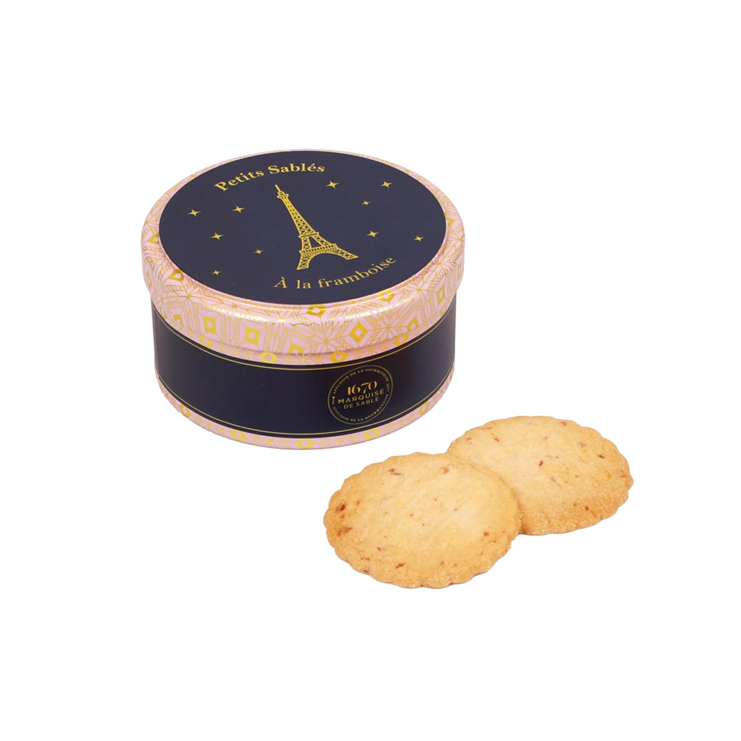 Biscuits sablés aux pépites de framboise - Mini Boîte ronde Tour Eiffel - 35g