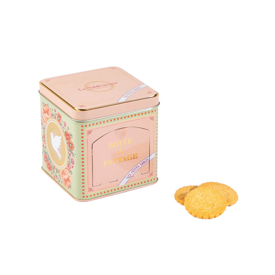 Biscuits sablés nature pur beurre frais et pépites de framboise - Mini boîte métal distributrice "Boîte à partage" 200g