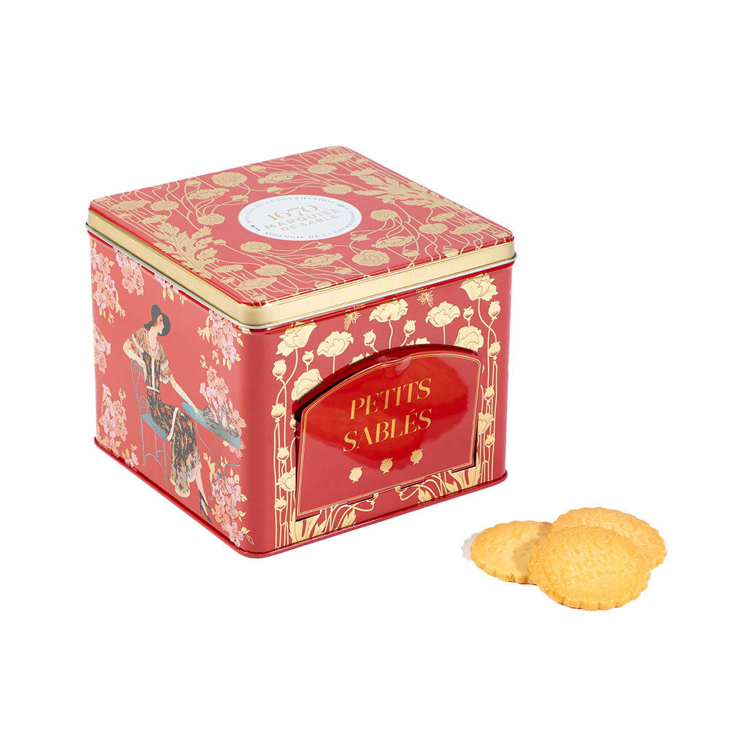 Biscuits sablés nature pur beurre frais et pépites de caramel - Boîte métal distributrice "Les Folies" 300g