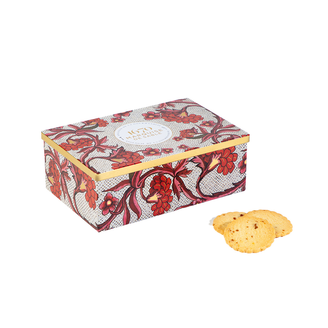 Biscuits sablés nature au pur beurre frais, aux pépites de caramel et aux pépites de framboise - boîte métal "Rêverie Fleurie" 300g