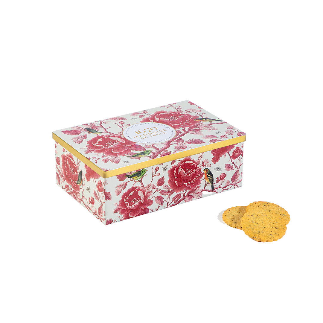 Biscuits sablés au thé bergamote, pomme et caramel, et aux pépites de framboise - Boîte métal "Oisellerie" 300g