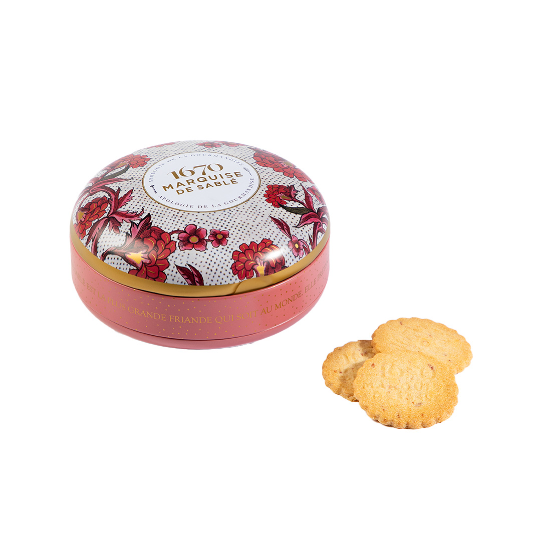 Biscuits sablés aux pépites de framboise - Boîte métal ronde "Rêverie Fleurie" 175g