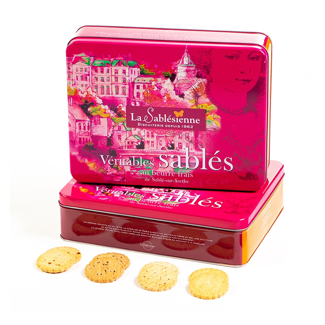 Cookies assortment, plain butter, caramel chips, chocolate chips and raspberry chips- "Sablé' castle" 500g tin 