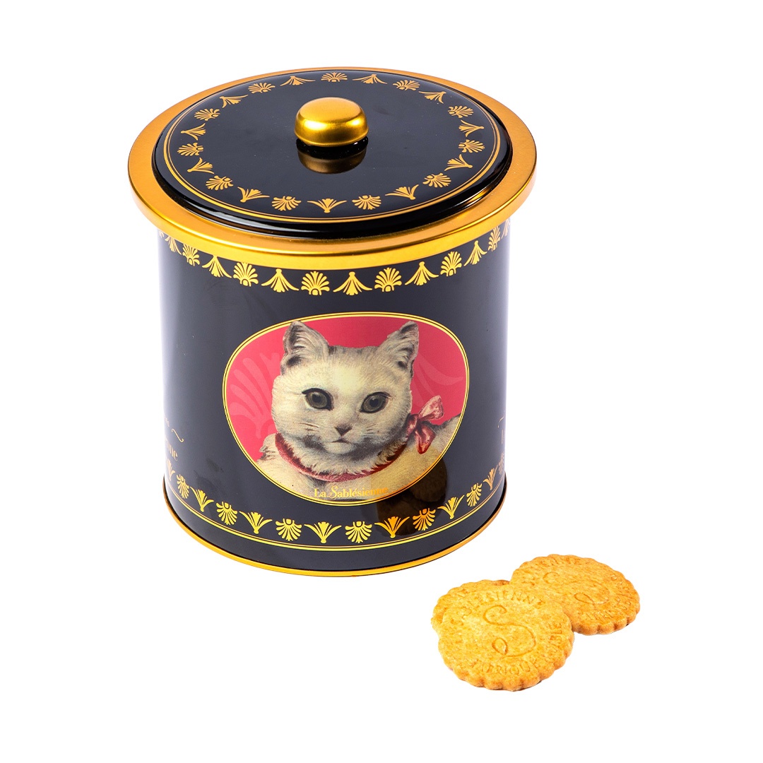 Biscuits sablés nature pur beurre frais et caramel beurre salé - boite seau métal "Chat blanc" 250g